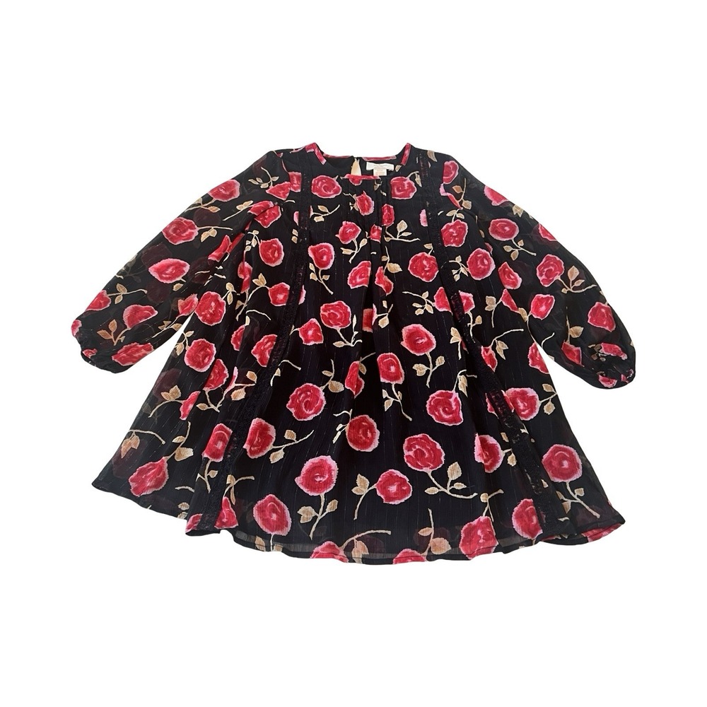 Kate Spade New York Girls Black Red Rose Floral Metallic Lurex Dress Size 10Y‎